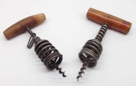 Two Vintage Spring-Assisted Corkscrews circa late 19th Century, each 7” long