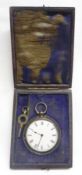 A Cased last quarter of the 19th Century Silver Cased Open Face Key-wind Fob Watch, black Roman