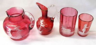 A Mixed Lot:  Mary Gregory decorated Cranberry Glassware including: a Beaker, a small clear glass