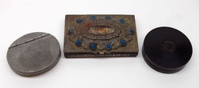 A Vintage circular Treen Seal Case; a small Pewter Snuff Box and a small Blue Garnet Stone applied