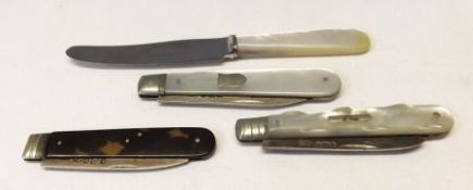 A Mixed Lot comprising: three various hallmarked Silver Bladed Folding Fruit Knives, two with