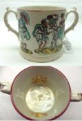 A 19th Century two-handled Frog Loving Cup, the outer body printed and decorated in colours with