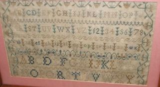 A Victorian Sampler Fragment, alphabet in capitals and italics etc, 7” x 12 ½”