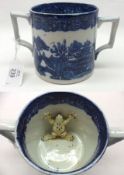 A Victorian Blue Printed Cylindrical two-handled Frog Loving Cup, inset with an ochre tinted and