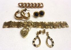 A box of assorted hallmarked 9ct Gold/yellow metal Jewellery, including Gate Bracelet, Brooch (A/F),