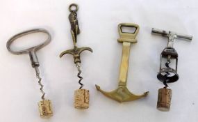 A Mixed Lot of various 20th Century Corkscrews: DRGM Monopole; Novelty Brass Anchor and Bottle