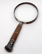 An unusual Vintage Magnifying Glass, with a silver plated mounted horn handle, 11” long