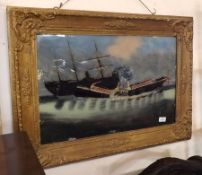 A Reverse Painted on Glass Picture depicting a collision between two steamships and titled below “