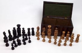 An Ebonised and Boxwood Chess Set of 32 pieces, (some repairs, replacements etc throughout), in a