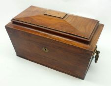 A Victorian Walnut Large Tea Caddy with sarcophagus-shaped top over two brass ring handles, and