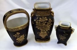 A collection of three items of Noritake, all gilded with an urn and floral design on a black