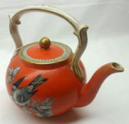 A Victorian Teapot, decorated in the Pratt manner with grey printed motif of bird and foliage on