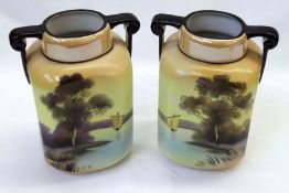 A pair of Noritake two handled baluster Vases of canted rectangular form, the bodies painted in