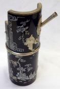 An unusual Oriental Opium Pipe of cylindrical form, with detachable cover, the body inlaid in the