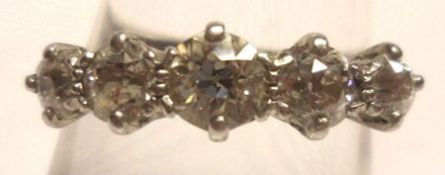 A unmarked precious metal five old cut Diamond Ring, claw set, approximately .8ct total