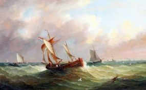 JOHN MOORE (OF IPSWICH) (1820-1902, BRITISH) Signed Oil on Canvas Fishing Vessels off a Coast 14”