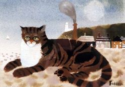 * MARY FEDDEN, OBE, RA (1915-2012, BRITISH) Signed Watercolour Tabby Cat on a Beach 5 ½” x 7 ½”
