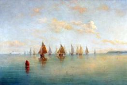 JOHN MOORE (OF IPSWICH) (1820-1902, BRITISH) Signed Oil on Canvas Shipping Becalmed off a Coast