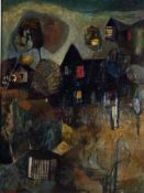 * GWYNETH JOHNSTONE (1914-2010, BRITISH) Signed Oil on Board A Modernist Village Scene 30” x 22”