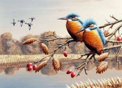 MARK CHESTER (CONTEMPORARY, BRITISH) Signed Acrylic on Canvas “Autumn Leaves – Kingfishers” 9” x 13”