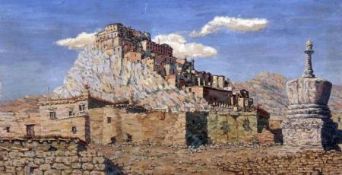 INDONESIAN SCHOOL, (20TH CENTURY) Unsigned Oil on Board Study of The Potala Palace, Lhasa, Tibet 12”