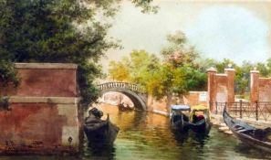 ALBERTO PROSDOCIMI (1852-1925, ITALIAN) Signed Watercolour Gondolas on a Venetian Canal 7” x 12”