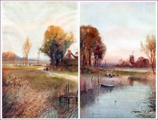 * JOHN REGINALD GOODMAN (1870-1962, BRITISH) Signed Pair of Watercolours “Sunset by The River