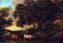 ENGLISH SCHOOL (19TH CENTURY) Oil on Panel Figure on Horseback, Cattle Watering in Landscape 5” x
