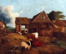 ENGLISH SCHOOL (19TH CENTURY) Oil on Canvas Busy Farmyard Scene 19” x 23”,tondo