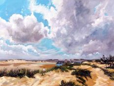 JOHN ROHDA (BORN 1946, BRITISH) Signed Oil on Canvas “Beach Huts and Dunes, Wells Next Sea”29” x 37”