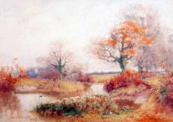 * HENRY STANNARD, RBA (1844-1920, BRITISH) Signed Watercolour An Autumnal River Landscape with Ducks