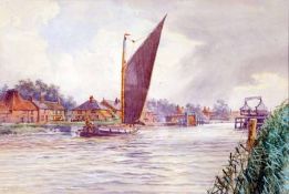 STEPHEN JOHN BATCHELDER (1849-1932, BRITISH) Signed Watercolour Norfolk Broads with Barge passing