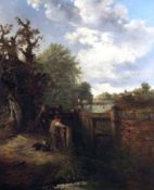 EDWARD ROBERT SMYTHE (1810-1899, BRITISH) Signed Oil on Canvas Boy with Dog, Fishing by Lock Gates