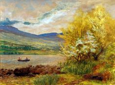 FRANK WALTON (1840-1928, BRITISH) Signed Watercolour Irish Lake Scene with Figures Fishing from a