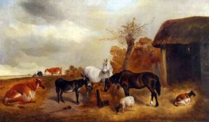 ENGLISH SCHOOL (19TH CENTURY) Oil on Canvas Cows, Donkey, Horses and Goats before a Barn 28” x 49”