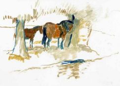 * RONALD OSSARY DUNLOP (1894-1973, BRITISH) Signed Oil on Paper Horses Grazing under Trees 14” x 19”