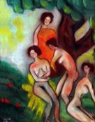 BELA KADAR (1877-1956, HUNGARIAN) Signed Pastel Four Nude Ladies in Wooded Landscape 13 ½” x 10”