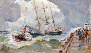 * ROWLAND FISHER, RMSA, ROI (1885-1969, BRITISH) Signed Oil on Board Shipping off Gorleston Pier 20”
