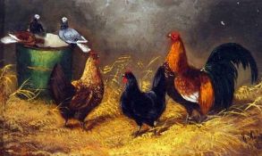 EDWARD ARMFIELD  (1817-1896, BRITISH) Signed and Dated 1863 Oil on Board Chickens and Pigeons in a
