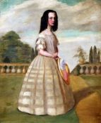 ENGLISH SCHOOL (19TH CENTURY) Oil on Canvas Full-Length Portrait of a Young Lady in a Garden 29” x