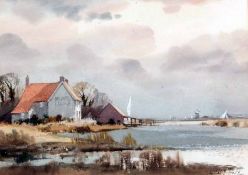 * LESLIE L HARDY MOORE, RI (1907-1996, BRITISH) Signed Watercolour Norfolk River View with Buildings