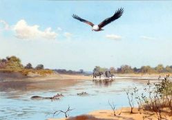 * JOHN CYRIL HARRISON (1898-1985, BRITISH) Signed Watercolour South African Scene with Eagle, Hippos