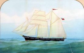 E W (19TH CENTURY, ENGLISH SCHOOL) Initialled Gouache The Schooner Ban-Rich at Sea 18” x 28”,