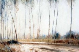 * IAN HOUSTON (BORN 1934, BRITISH) Signed Oil on Board “Poplars Near Horning” (see label verso)