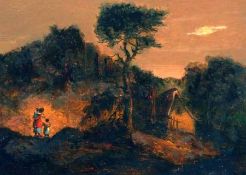 ENGLISH SCHOOL (18TH/19TH CENTURY) Oil on Panel Figures Before a Country House in Wooded Landscape