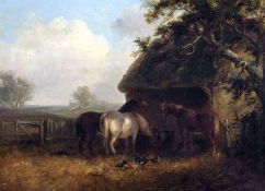 THOMAS SMYTHE (1825-1907, BRITISH) Signed (bottom right) Oil on Canvas Horses Feeding at a Byre