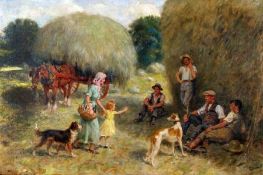 * ROWLAND WHEELWRIGHT (1870-1955, BRITISH) Signed Oil on Canvas A Busy Haymaking Scene with