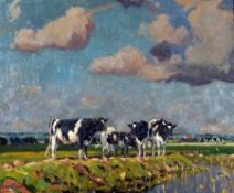 * ROWLAND FISHER, RMSA, ROI (1885-1969, BRITISH) Signed Oil on Canvas Cows on the Marshes 20” x 24”
