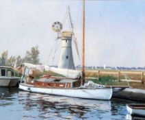 DEREK WILLIAMS (20TH CENTURY, BRITISH) Signed Gouache Sailing Boats by a Wind Pump 17” x 20”