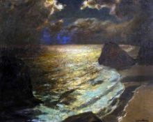 JULIUS OLSSON (1864-1942, SWEDISH/BRITISH) Signed Oil on Canvas A Rocky Coastal View by Moonlight